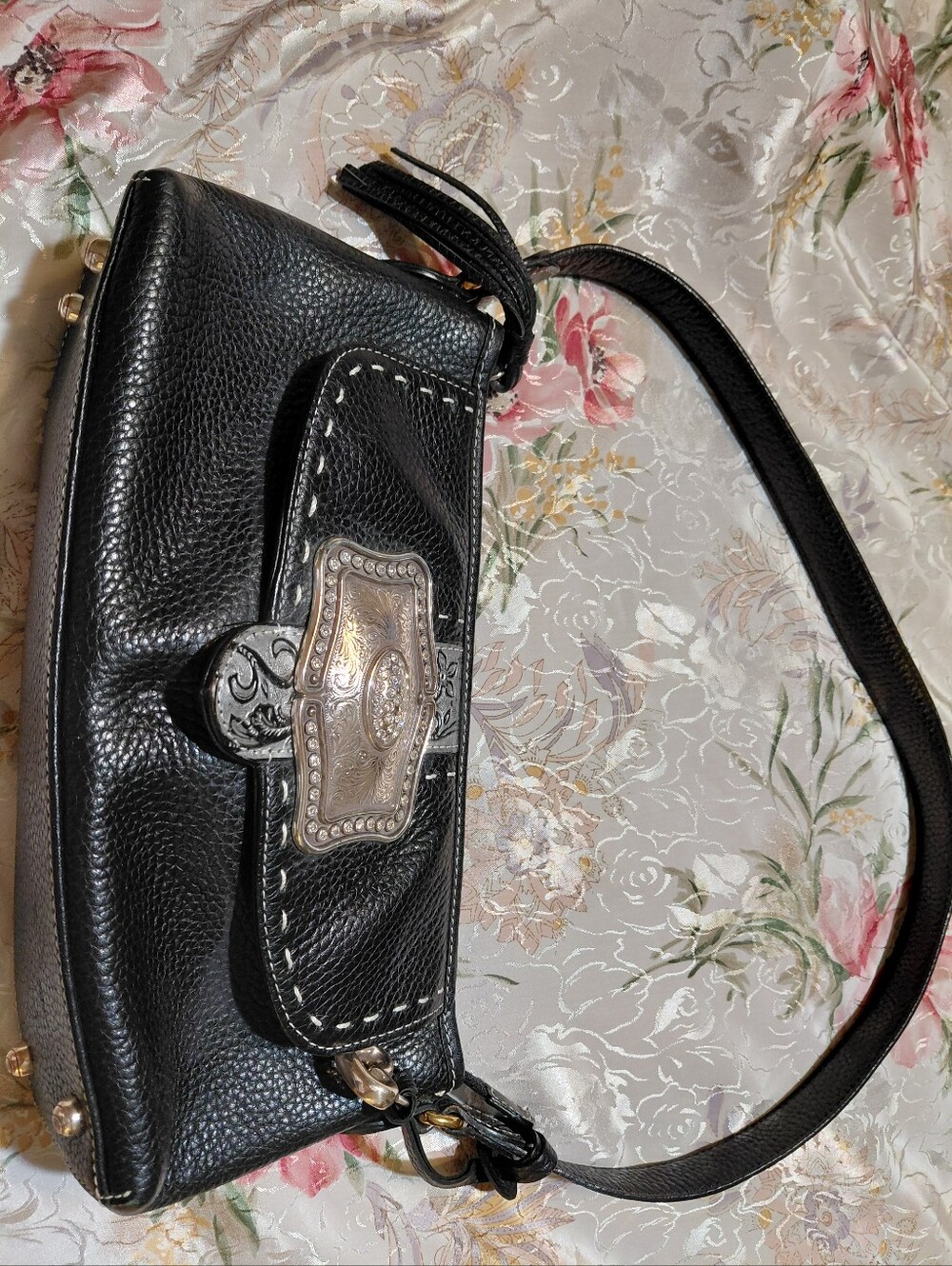 BRIGHTON CowGirl Western  Jeweled Sm. black Leather flowered strap Shoulder Bag